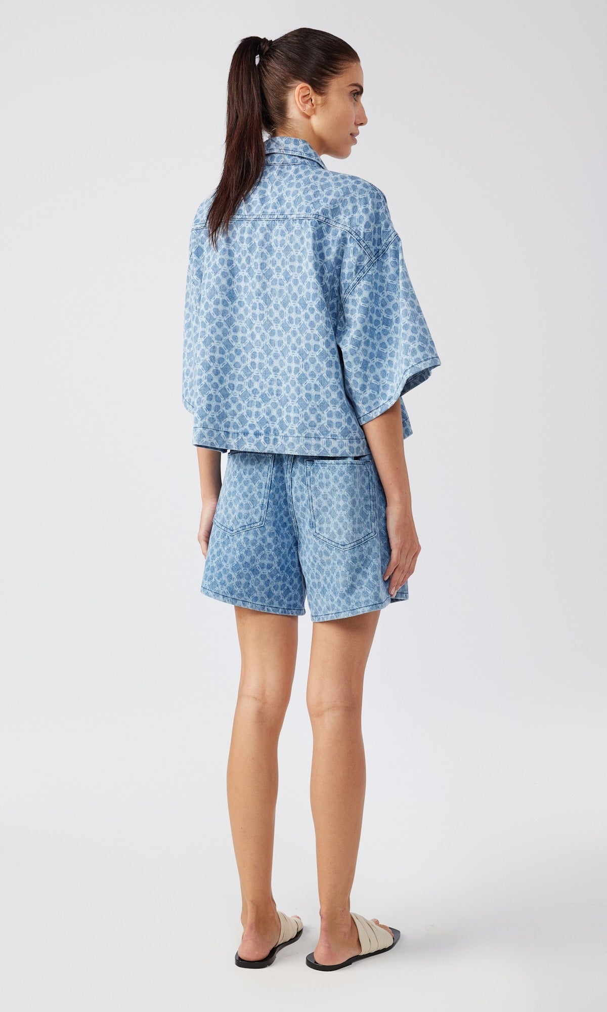 Ms. Brenda Oversized Short Sleeve Shirt - Monogram Laser Light Indigo