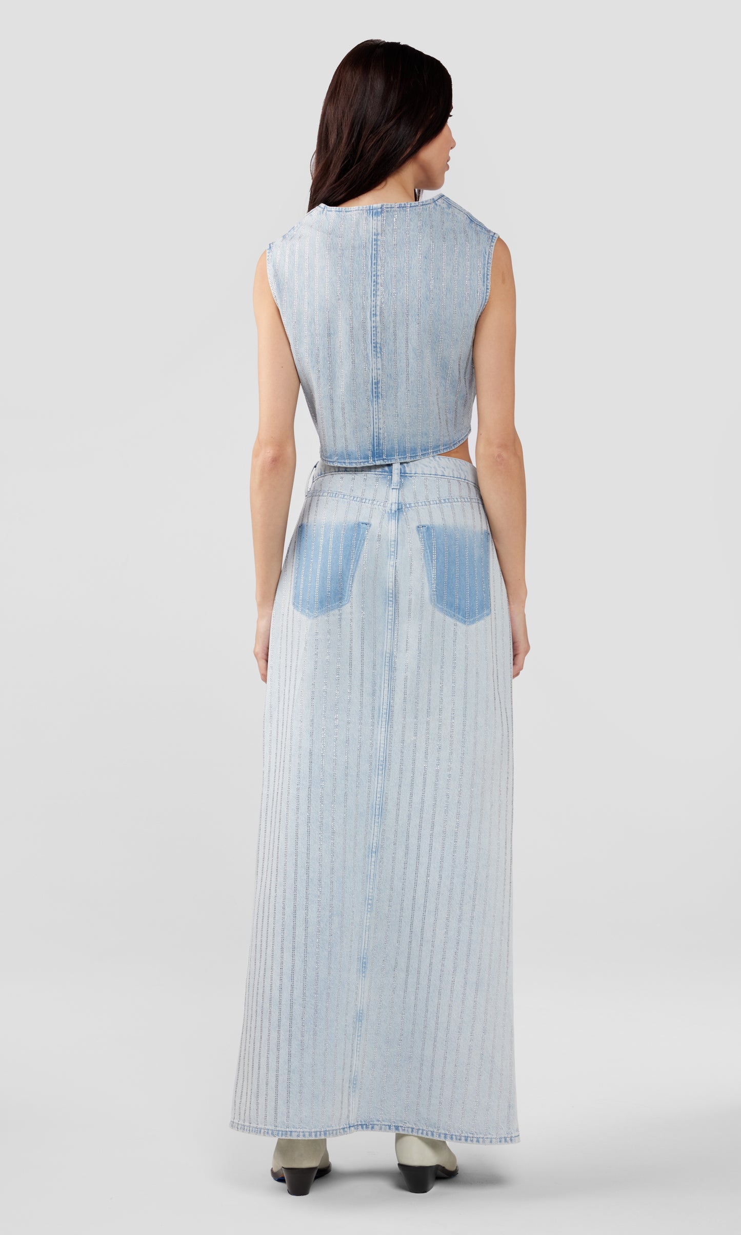 Ms. Sofiane High-Rise Slit Denim Skirt - Light Indigo Crystal Pin-Stripe