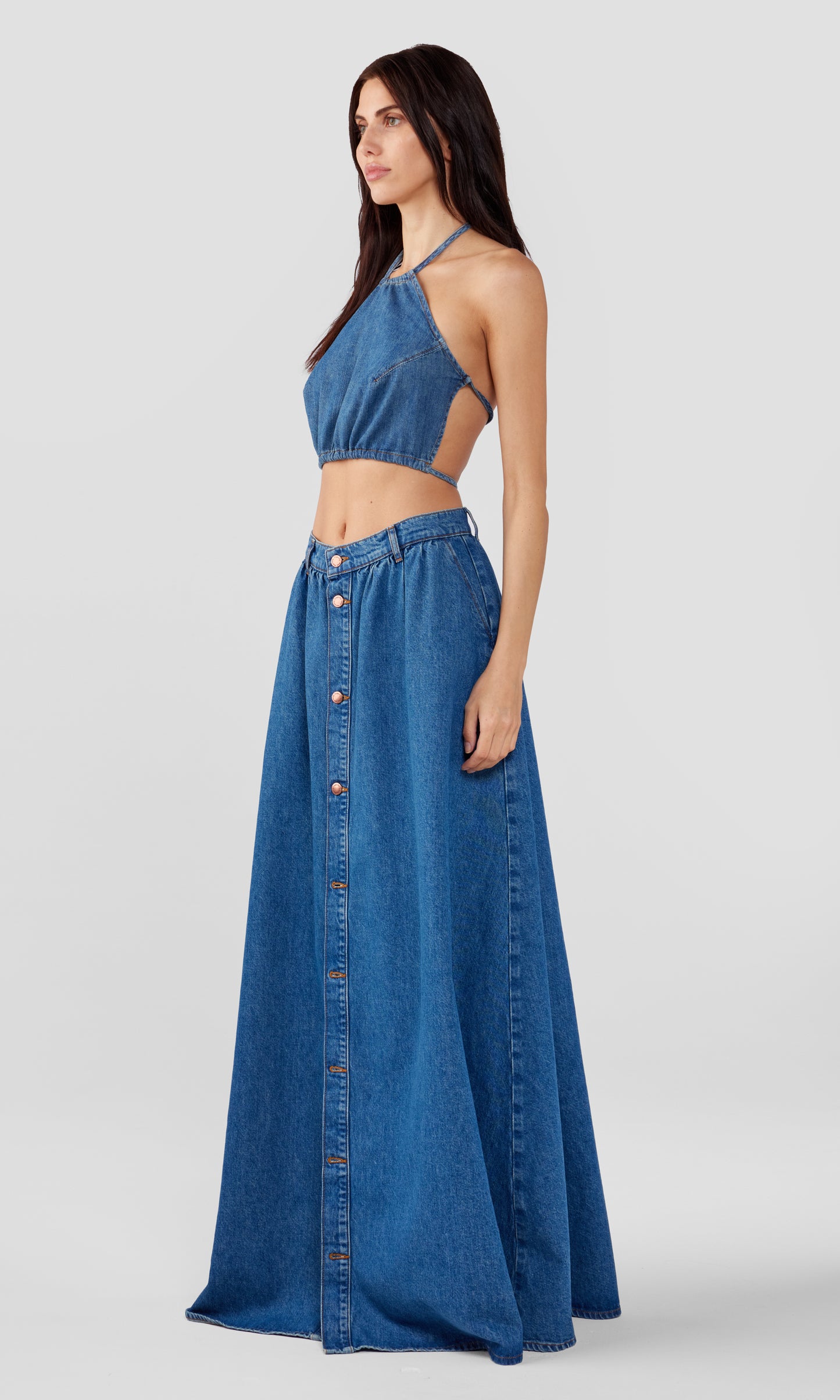 Ms. Corey Floor Length Button-Up Skirt - Yellowstone Medium Indigo