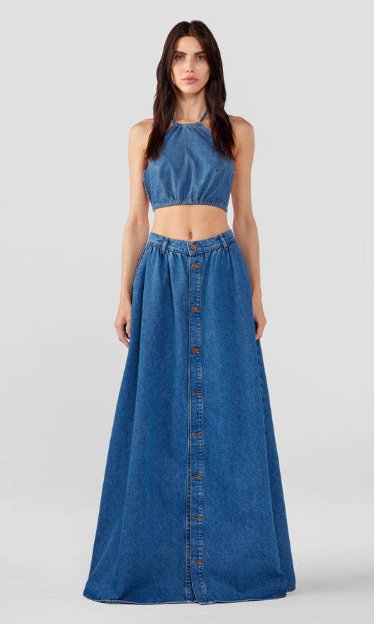 Ms. Corey Floor Length Button-Up Skirt - Yellowstone Medium Indigo