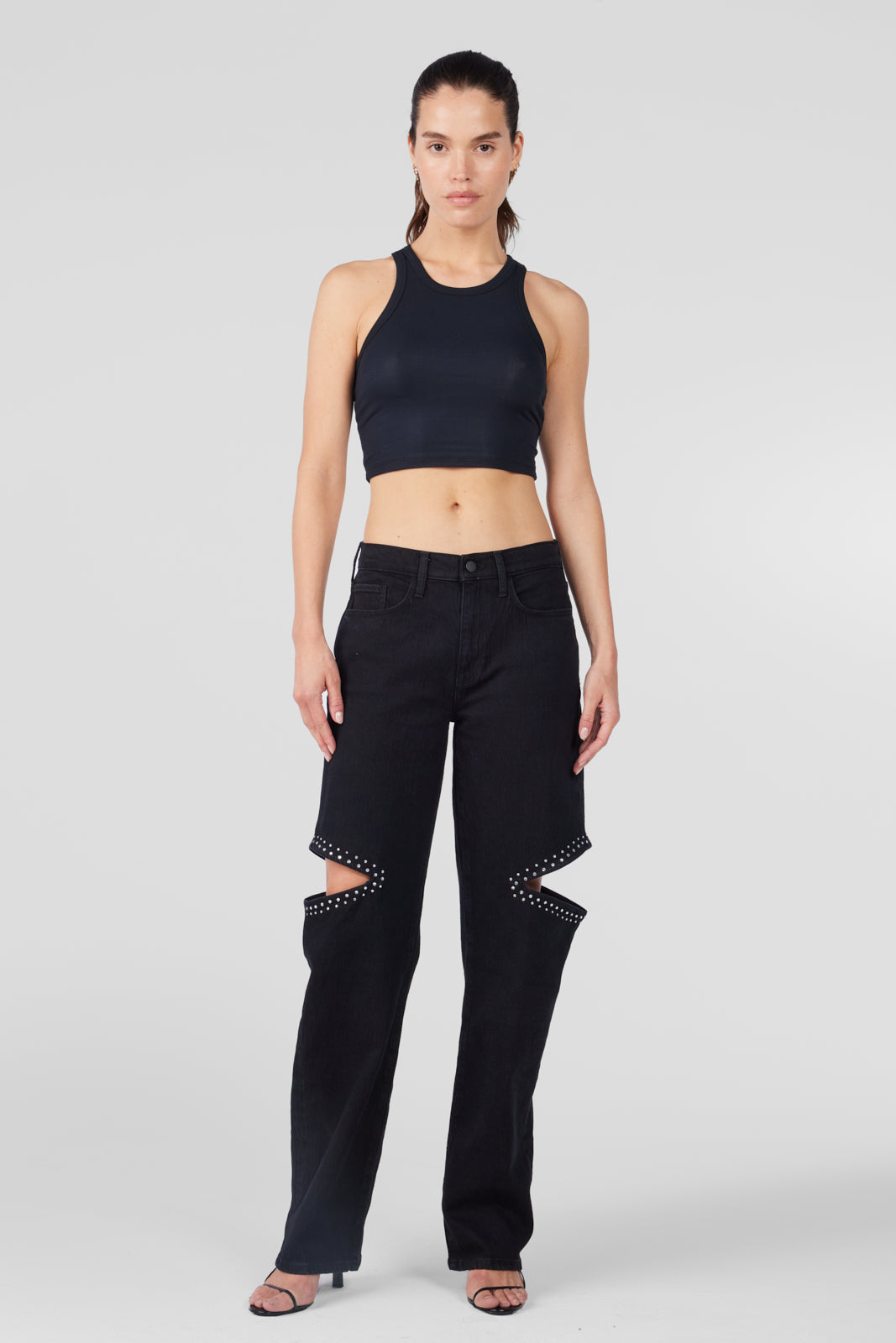 Stoned Aubrey Mid-rise Cut-out Straight Leg - Crystallized Onyx Black