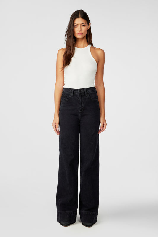 Onassis V-High Rise Wide Leg Jean - Loved Black