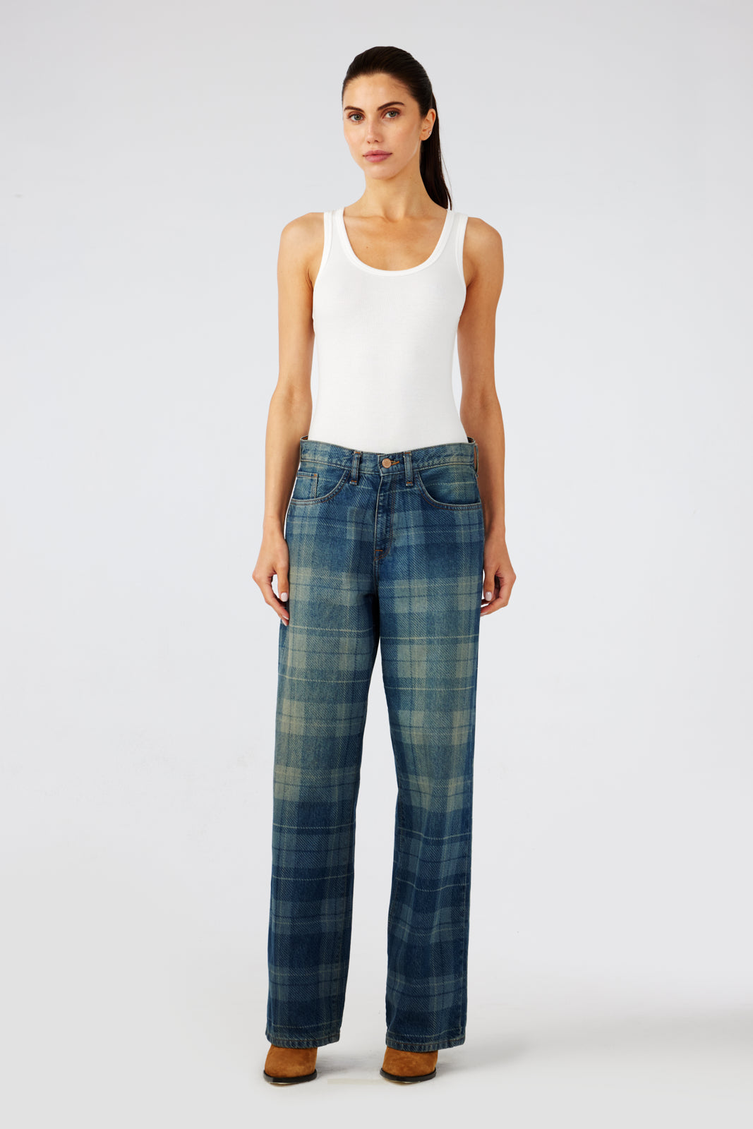 Sparrow Mid-Rise Baggy Jean - Tartan Medium Indigo