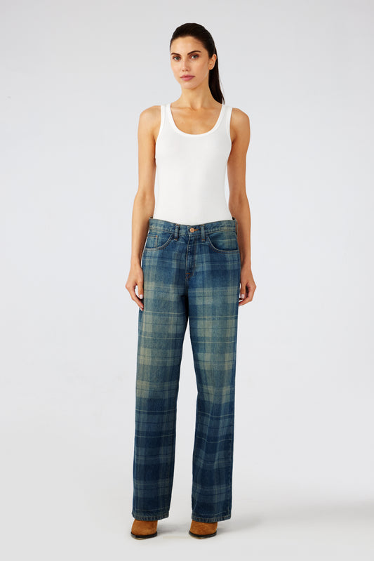 Sparrow Mid-Rise Baggy Jean - Tartan Medium Indigo