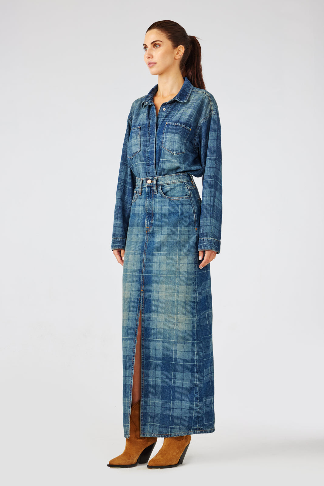Charlotte Oversized Denim Shirt - Tartan Medium Indigo